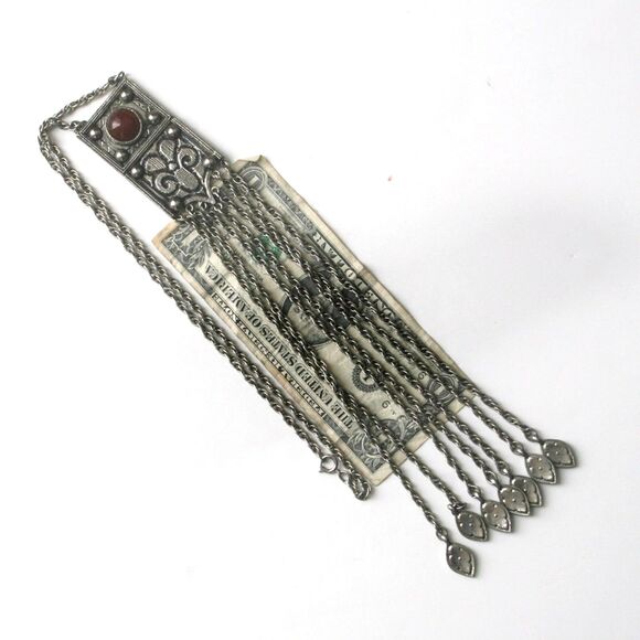 Vintage ACCESSOCRAFT Red Stone  Silver Fringe Statement Necklace Etruscan - Picture 8 of 10